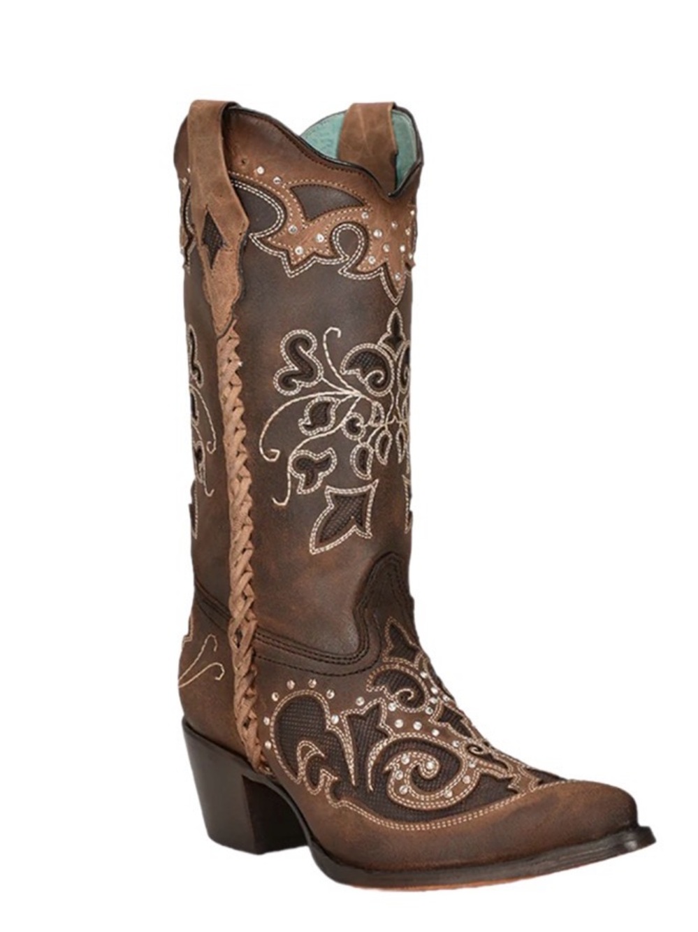 Corral Brown Overlay Embroidery Studs and Crystals size 9.5, new in replace box